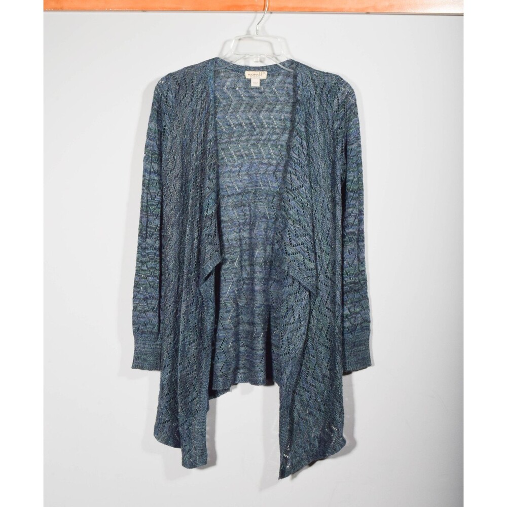 One World Navy Blue Heather Open Front Drapey Long Cardigan Sweater Sz XS